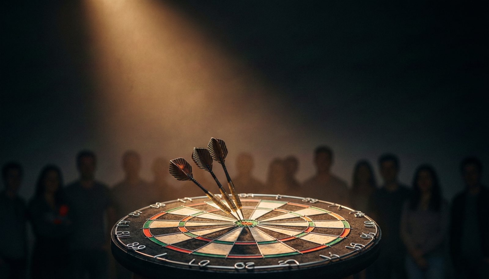 AI生成示意图：聚光灯下的飞镖盘与三支命中三倍区的飞镖，背景是模糊的观众席